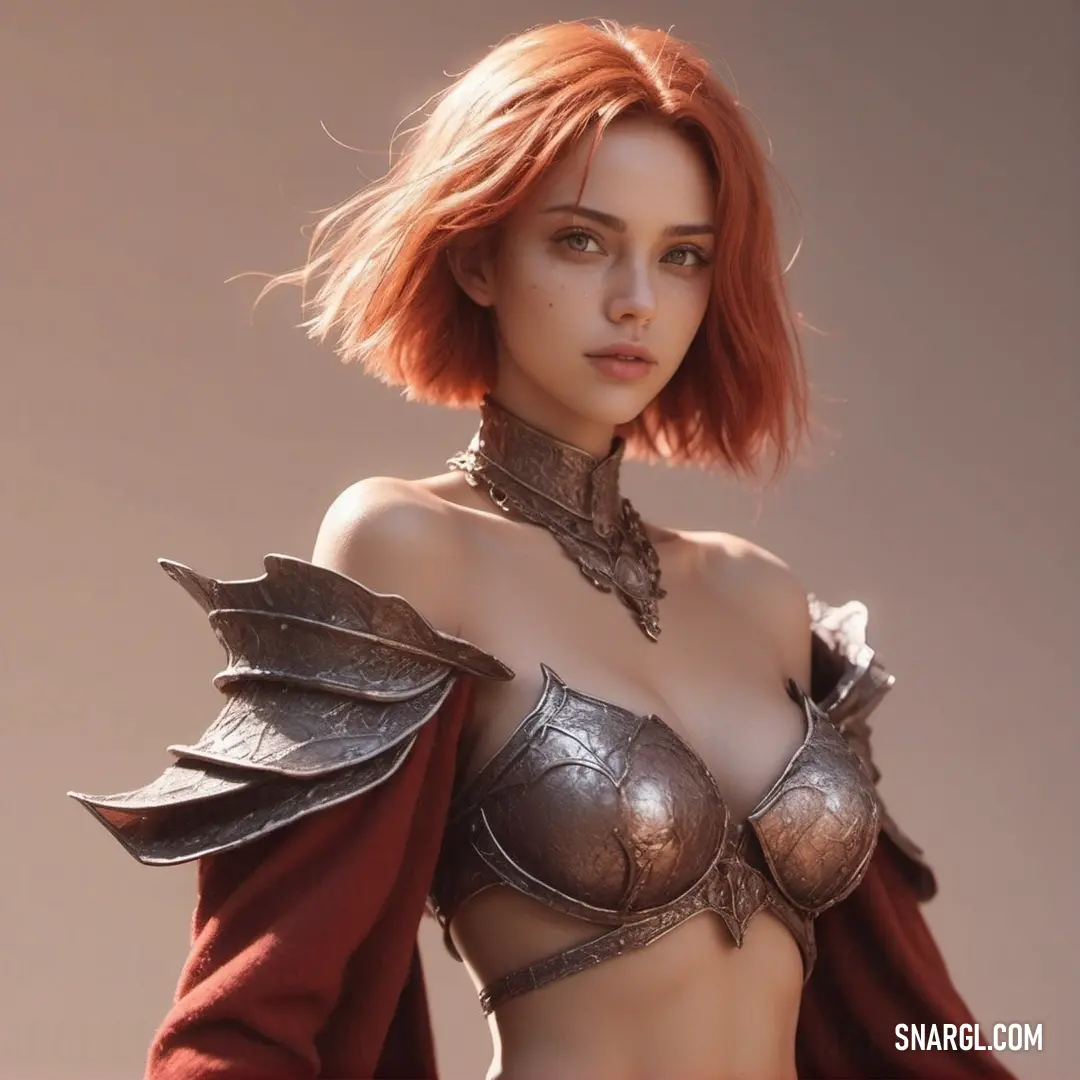 Woman with red hair wearing a bra and a cape with wings on it's chest and chest. Color #832926.