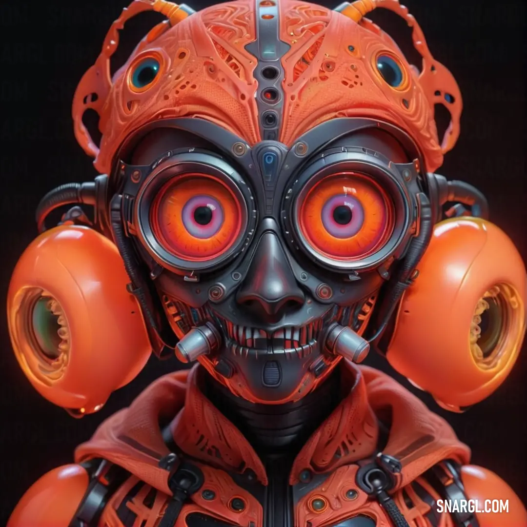 PANTONE 7625 color example: Robot with orange eyes and a red jacket on it's head and a black background