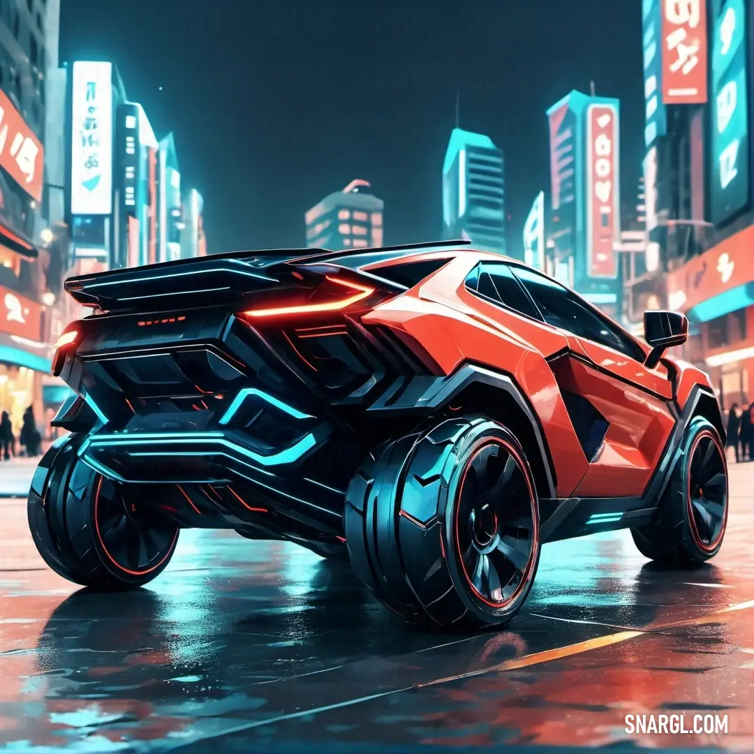 PANTONE 7626 color. Futuristic car is driving through a city at night with neon lights on the buildings and people walking around