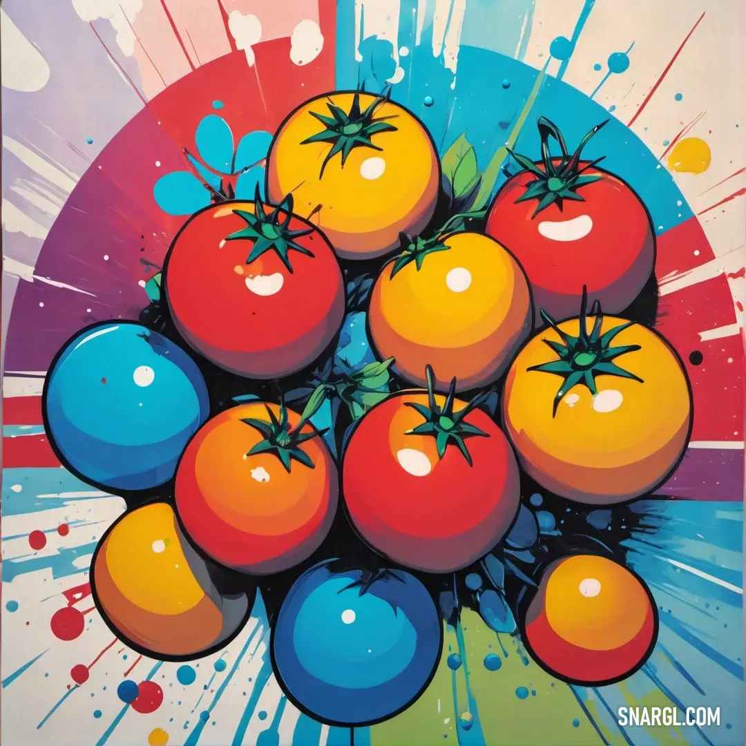 Painting of a bunch of tomatoes on a colorful background. Example of RGB 213,60,43 color.