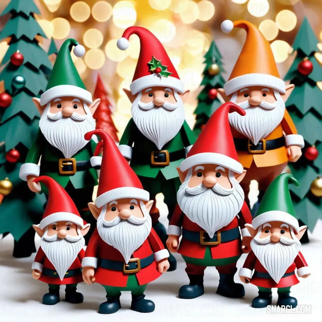 Group of christmas gnomes standing next to each other in front of a christmas tree with lights in the background