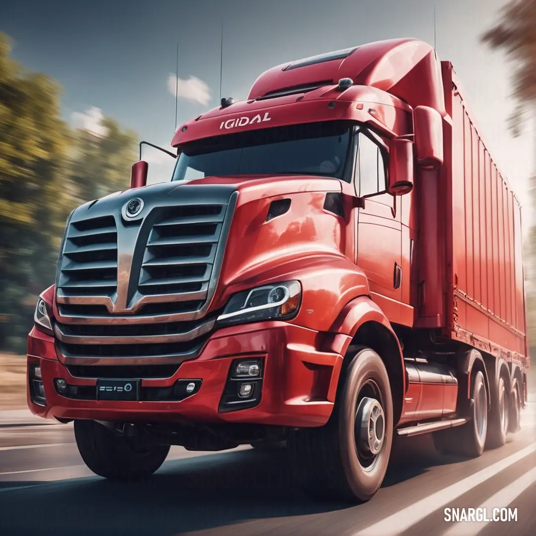 Red semi truck driving down a road next to trees and a forest in the background. Example of PANTONE 7626 color.