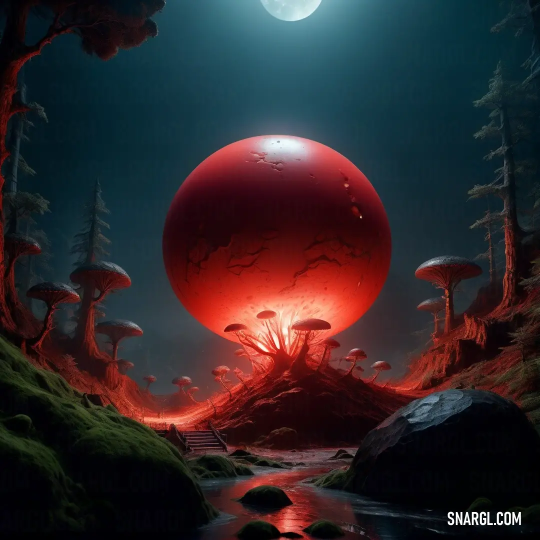 Red mushroom like structure in the middle of a forest at night with a full moon in the background. Color #D53C2B.