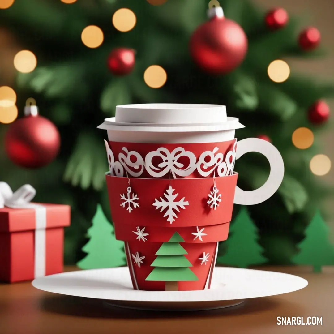 Cup of coffee on a plate with a christmas tree in the background. Example of RGB 178,55,48 color.