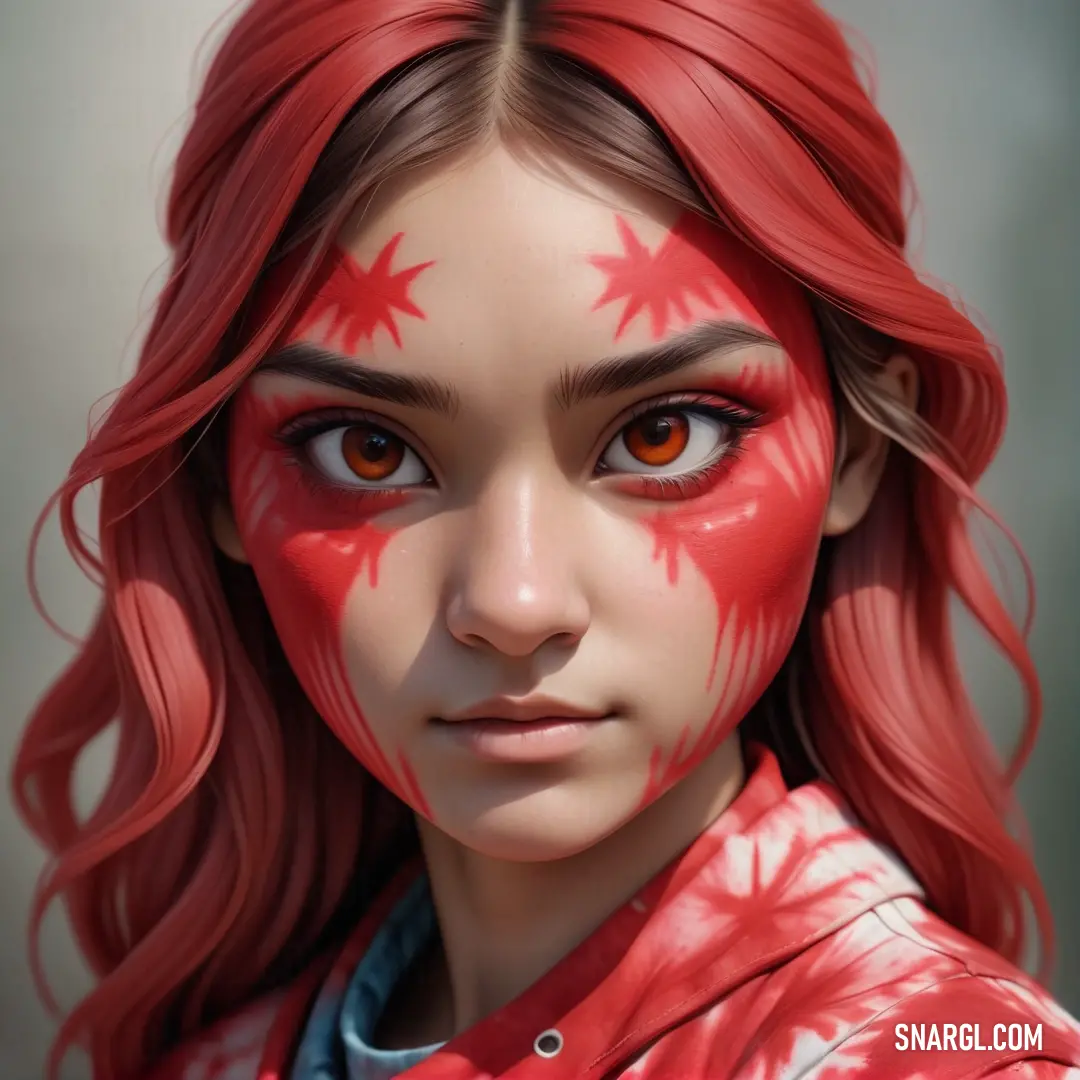 Girl with red hair and red and white paint on her face and face paint on her face and face. Example of RGB 178,55,48 color.