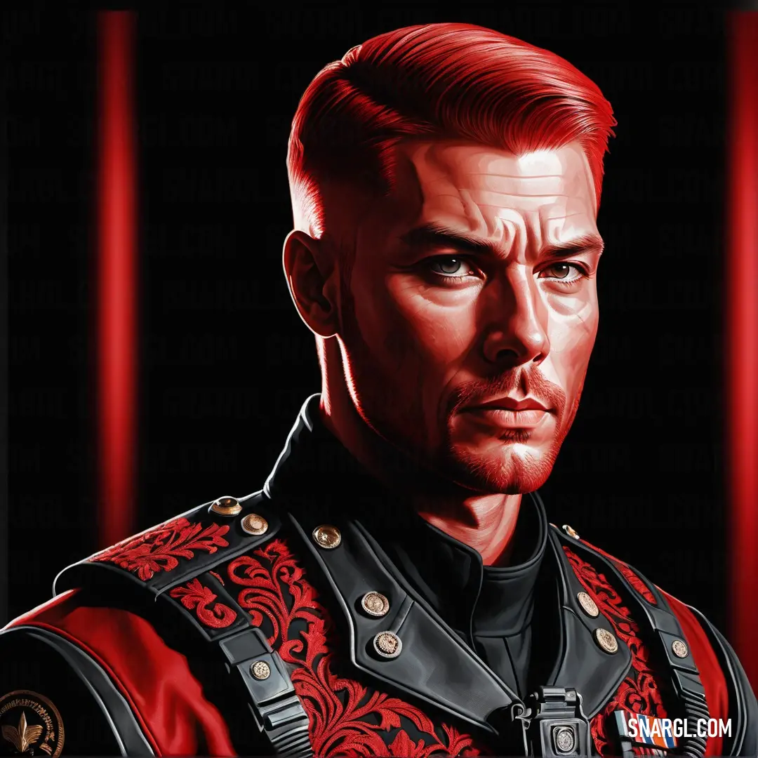 Painting of a man in a red uniform with a black background. Example of RGB 178,55,48 color.