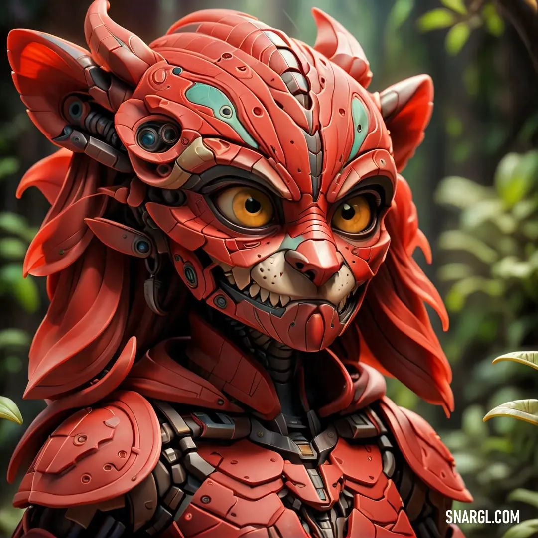 Red creature with a helmet and a large nose and a large nose and a green background. Color RGB 178,55,48.