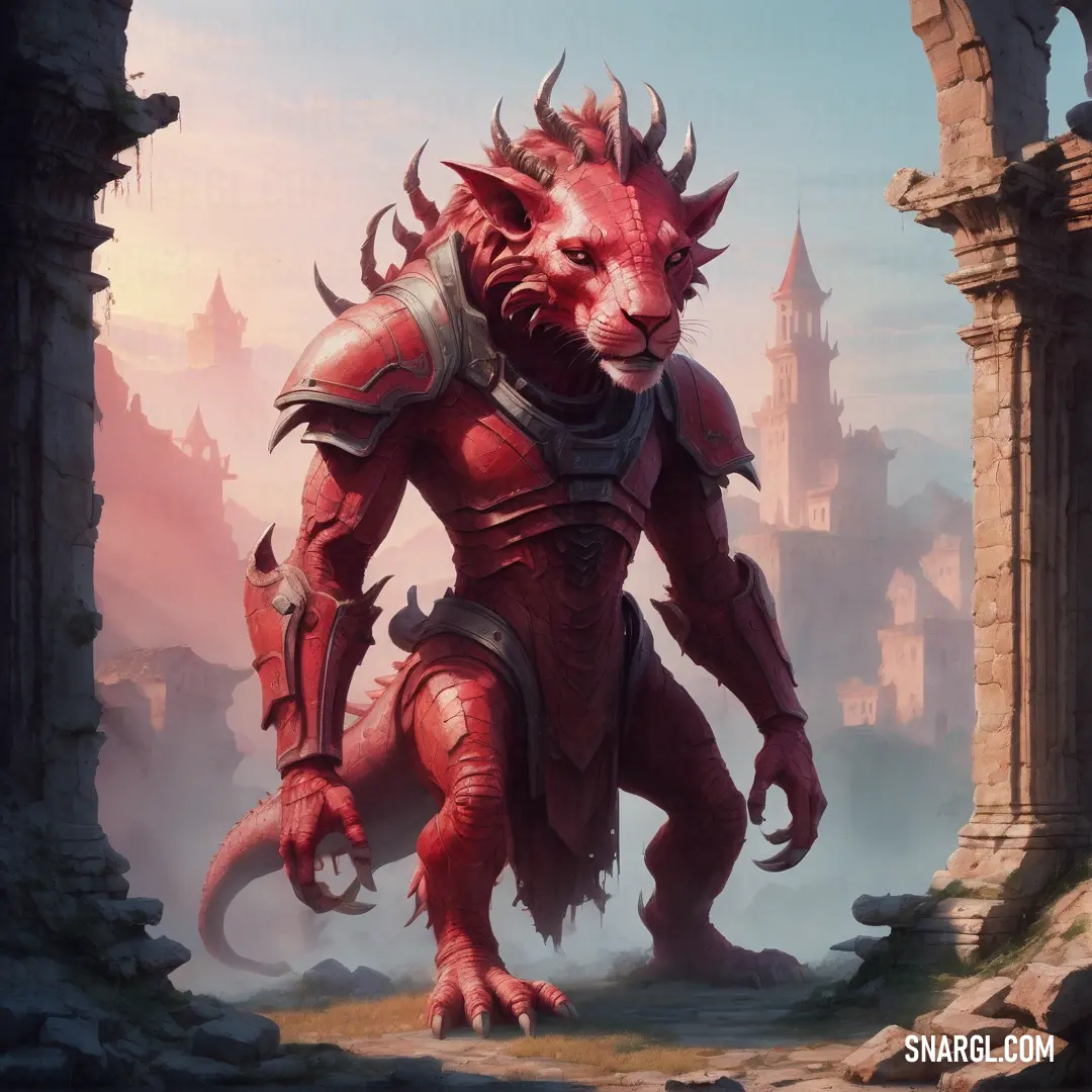 Red demon standing in a doorway with a castle in the background. Color RGB 178,55,48.