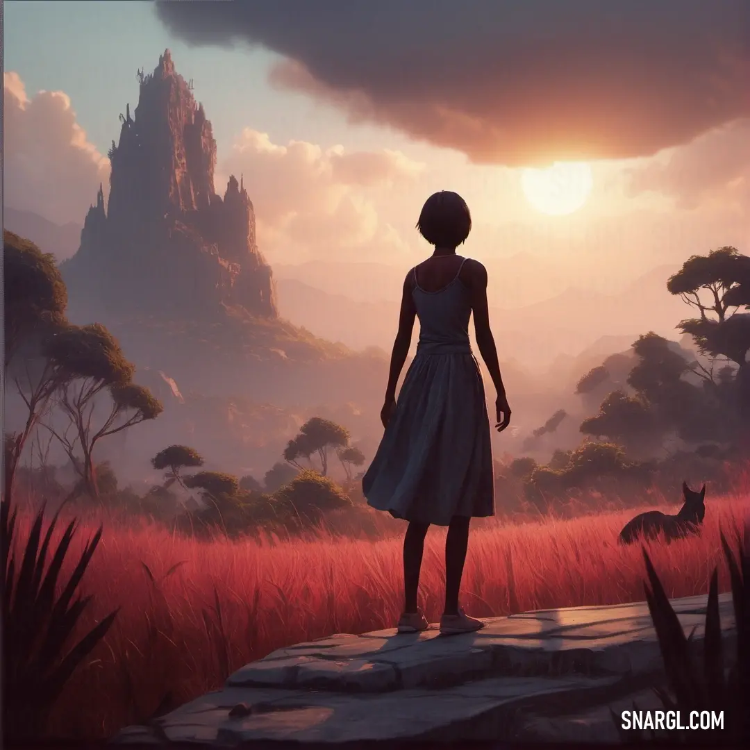 Woman standing on a rock looking at a mountain and a fox in the distance with a sunset in the background. Example of CMYK 5,94,88,22 color.