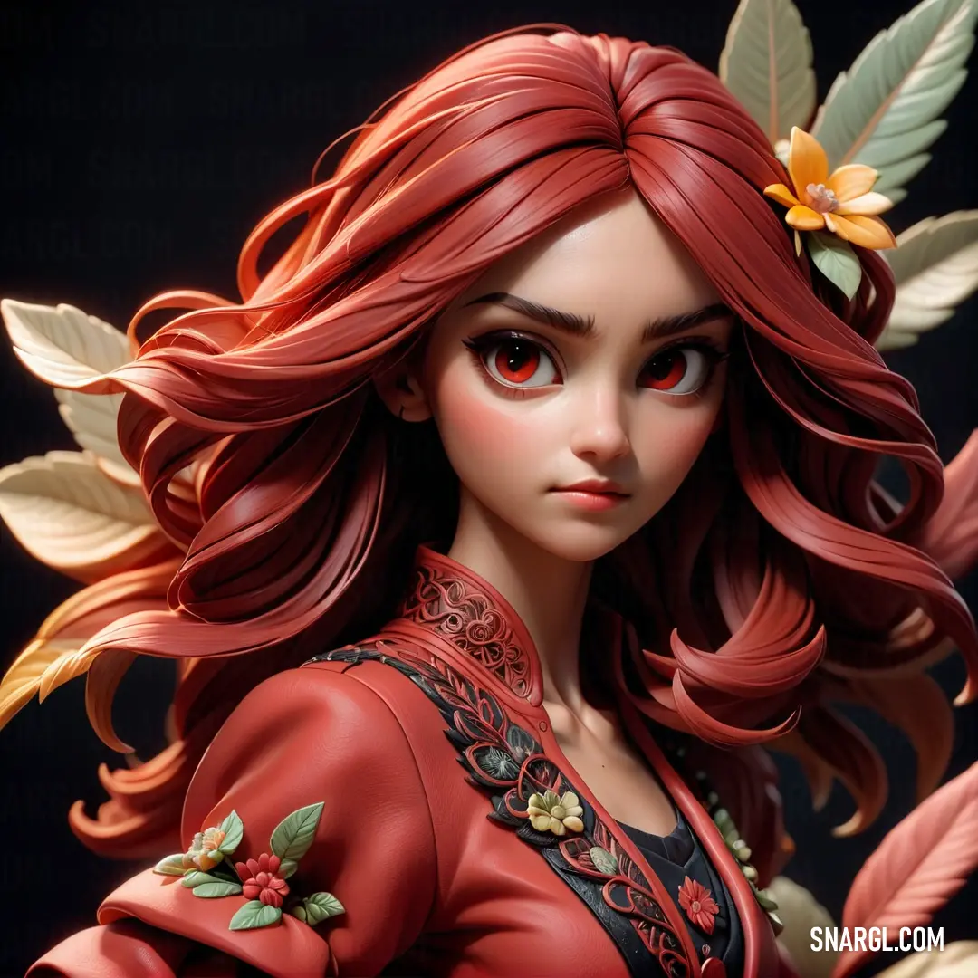 Close up of a doll with red hair and a flower in her hair and a black background