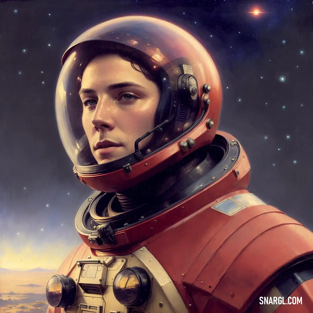 Painting of a man in a space suit with a helmet on his head and a space background with stars. Color #A33736.