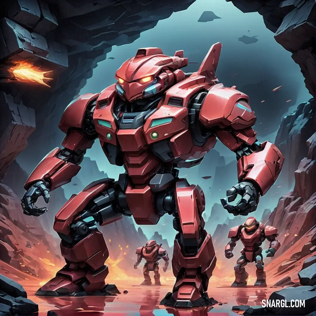 Red robot standing in front of a cave filled with rocks and lavas with a red light coming from its eyes. Color #A33736.