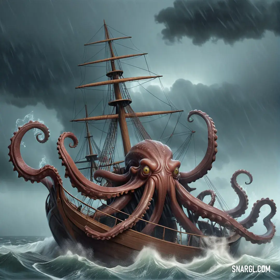 Octopus attacking a ship in the ocean with a storm in the background. Example of PANTONE 7629 color.