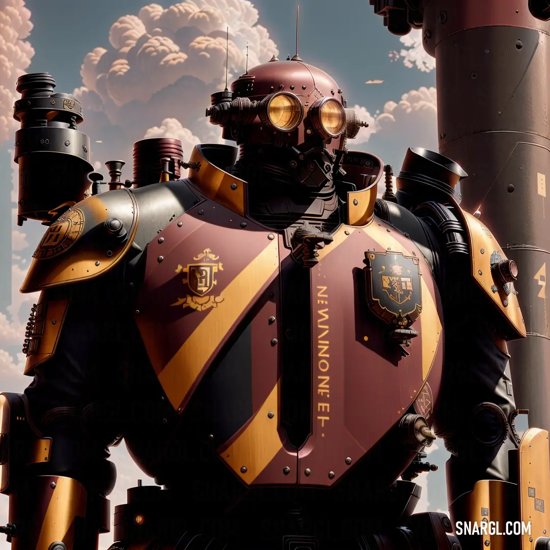 Giant robot with a helmet and a body suit on standing in front of a cloudy sky with steam. Example of #6F3631 color.