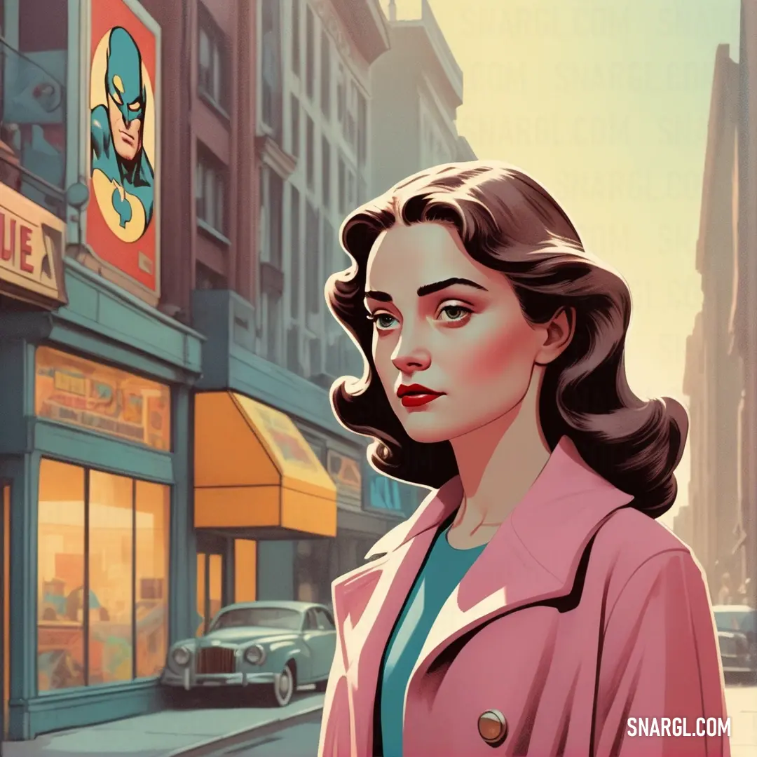 Woman in a pink coat standing on a city street next to a store front with a batman sign. Color RGB 111,54,49.