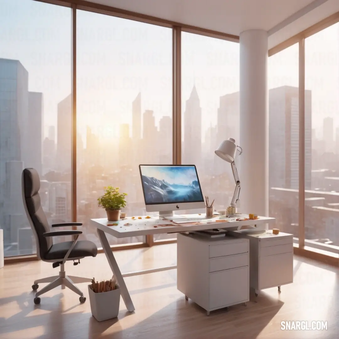 Desk with a computer on it in a room with large windows and a city view in the background. Color #CBA9AD.