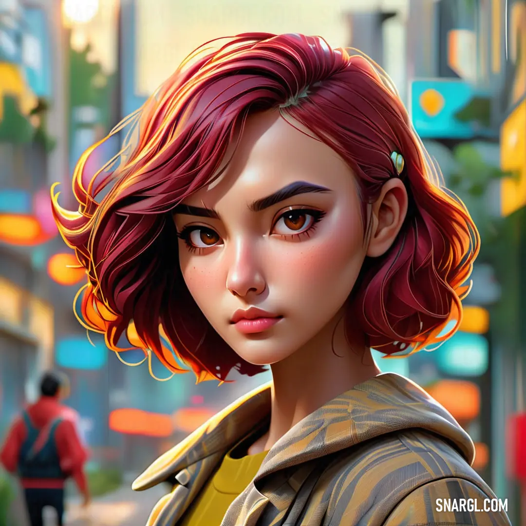 Digital painting of a woman with red hair and a yellow shirt on a city street. Example of PANTONE 7635 color.