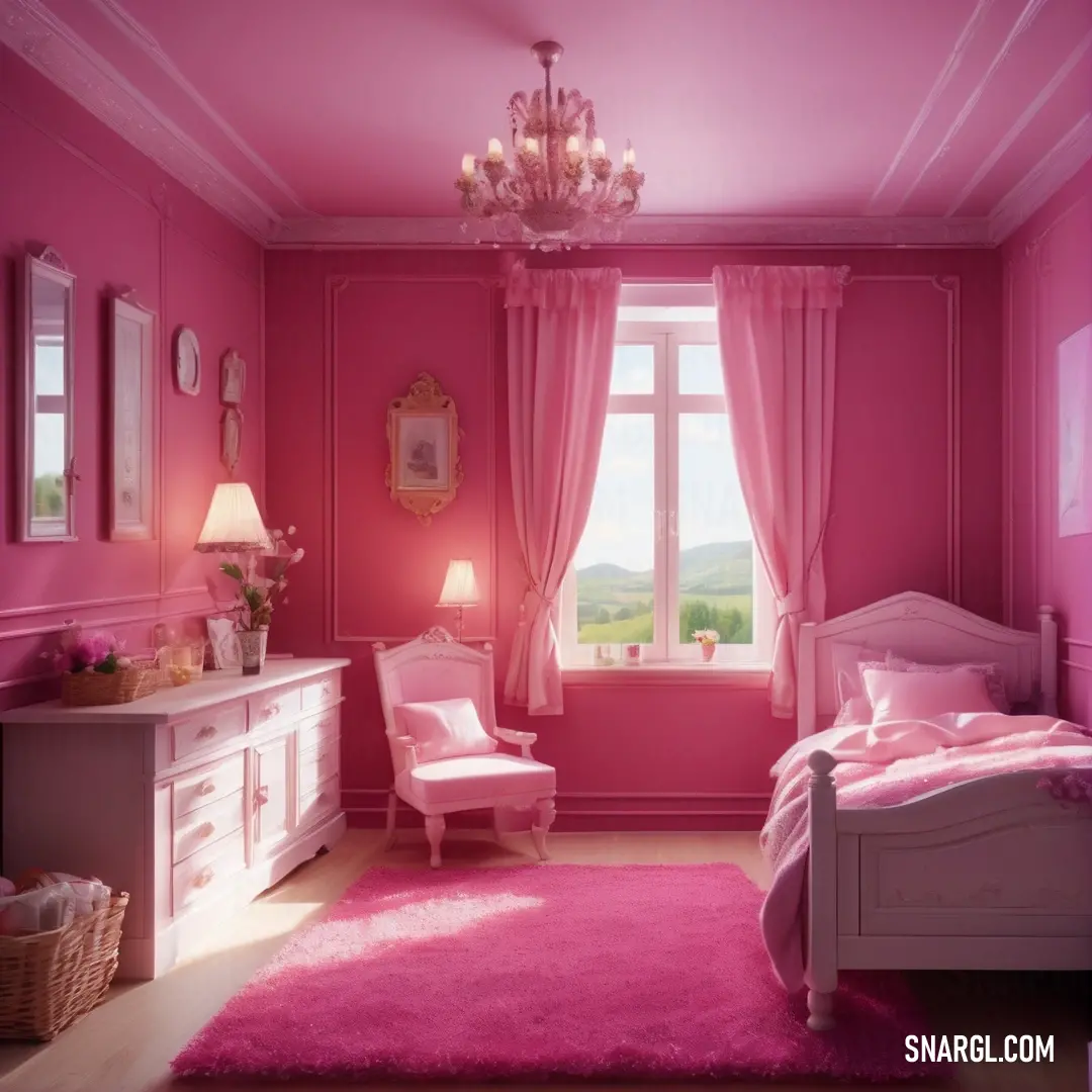 Pink bedroom with a chandelier and a pink rug on the floor. Color PANTONE 7635.