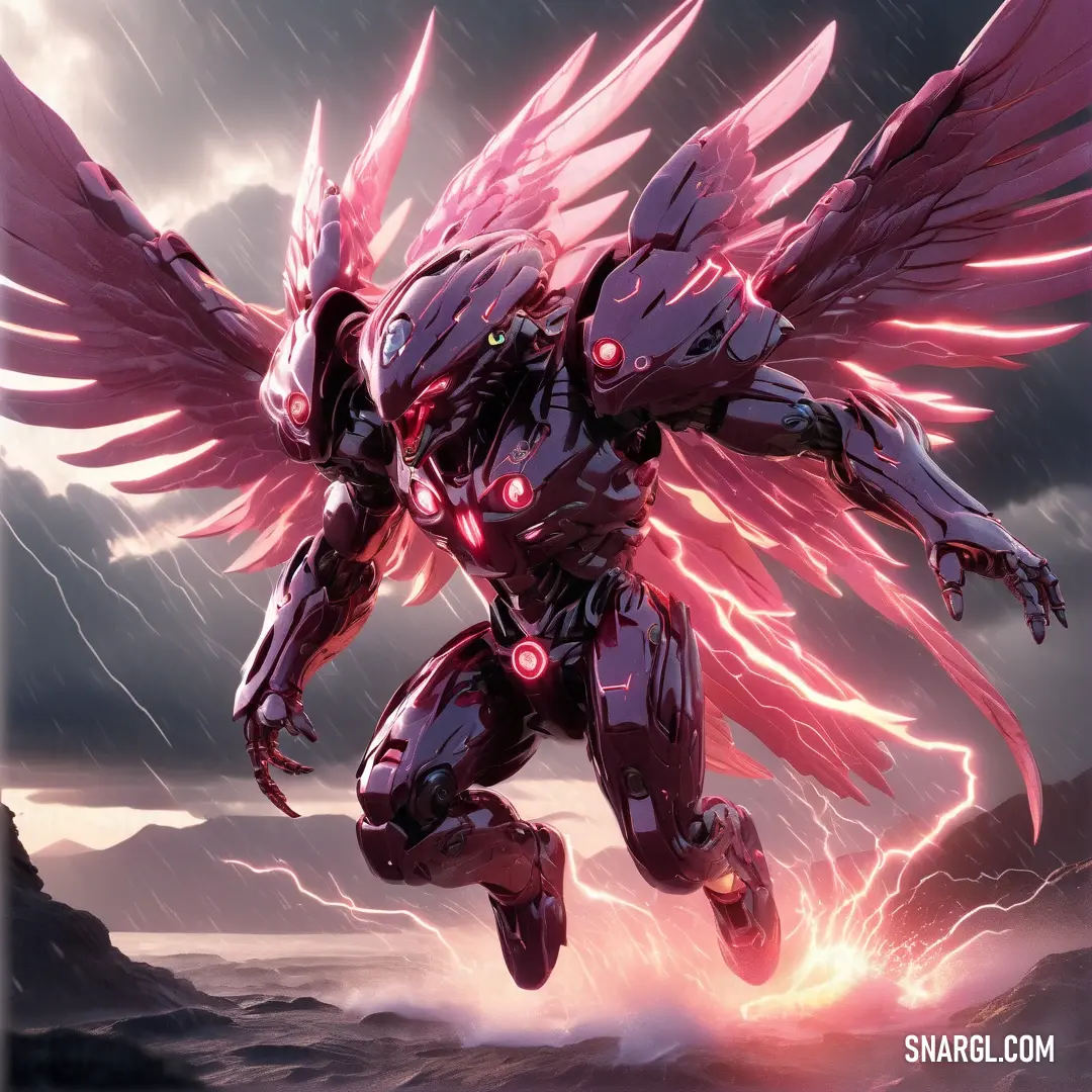 Robot with wings flying through the air with lightning in the background. Color #C93E6B.
