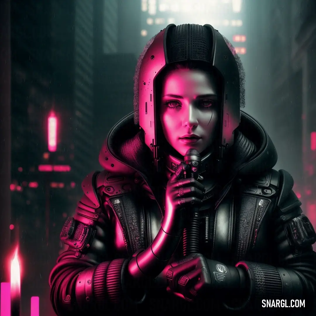 Woman in a futuristic suit holding a microphone in a dark city at night with neon lights on the buildings. Example of PANTONE 7635 color.