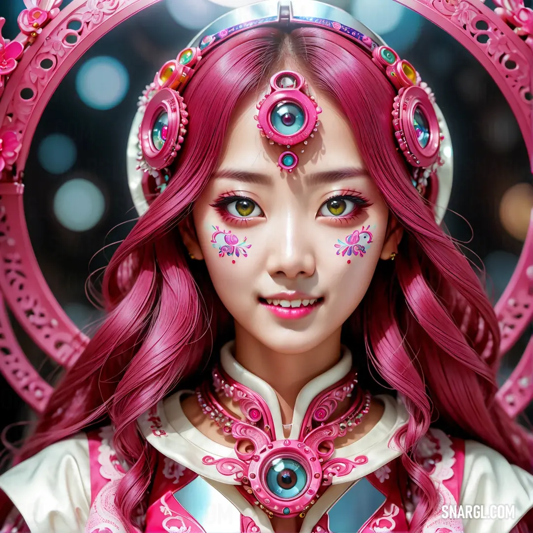 Girl with pink hair and a pink outfit with a pink circle around her head