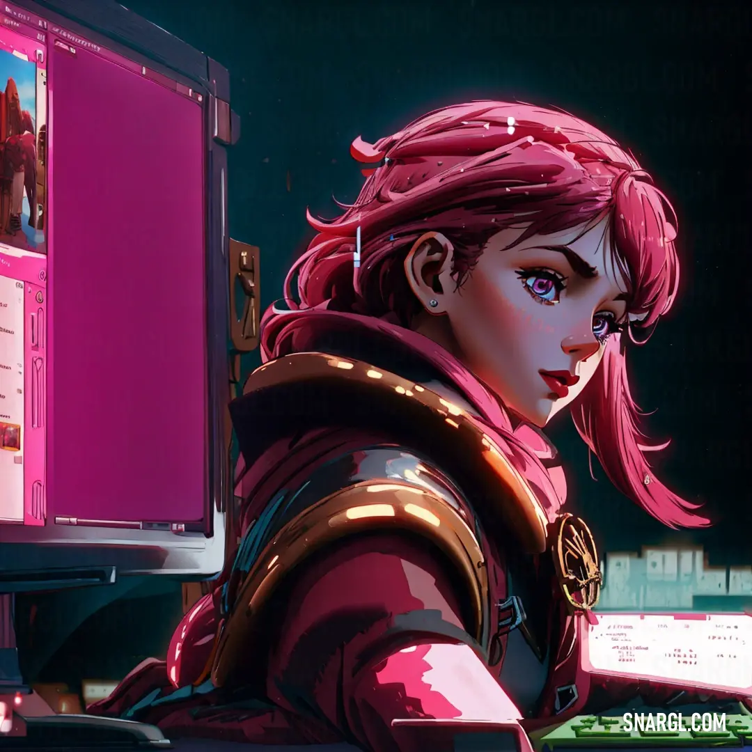 RGB 192,34,80 example: Woman with pink hair in front of a computer monitor and keyboard in a dark room with a neon pink background