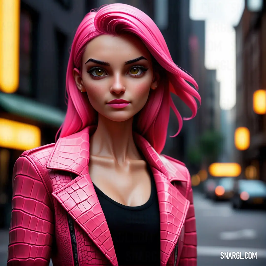 Woman with pink hair and a pink jacket on a city street with a car in the background and a taxi cab behind her