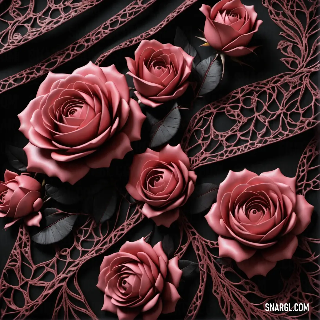 Bunch of pink roses on a black background. Example of #932C46 color.