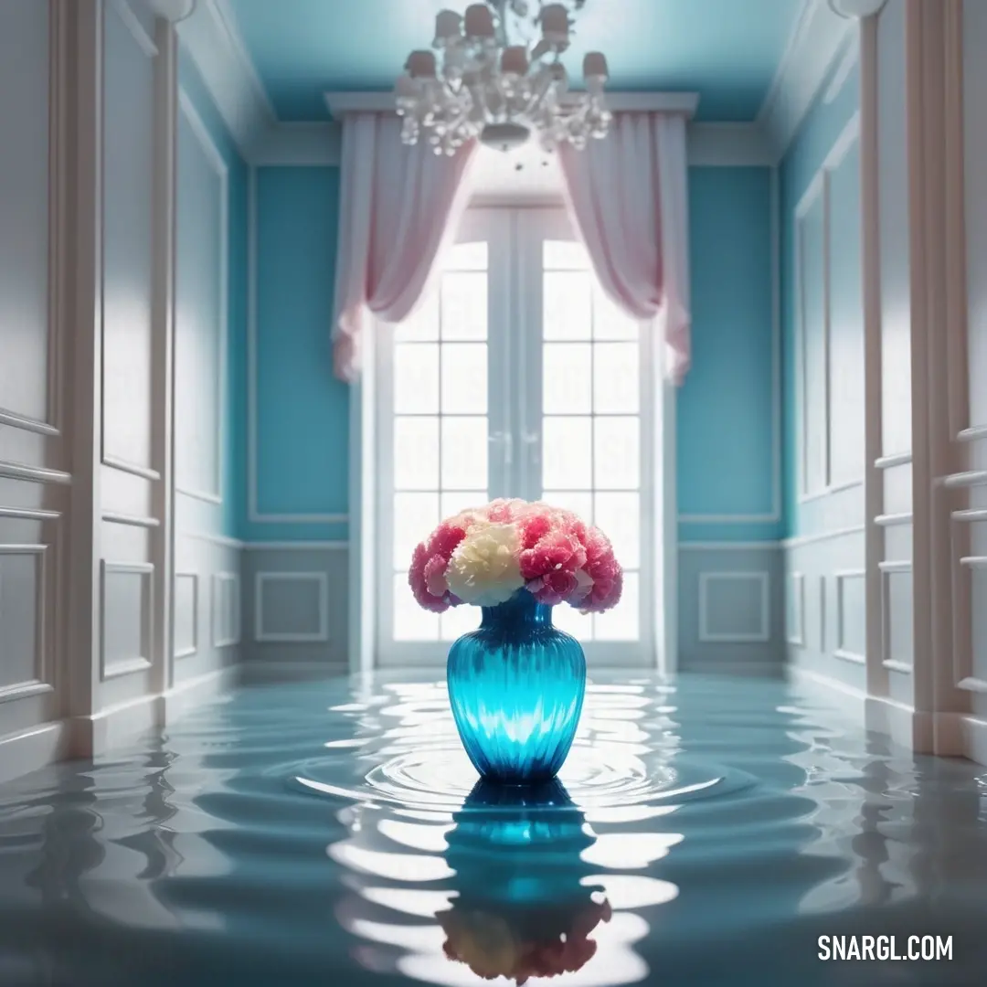 Blue vase with flowers in it in a room with a chandelier and a window with curtains. Example of #892E45 color.
