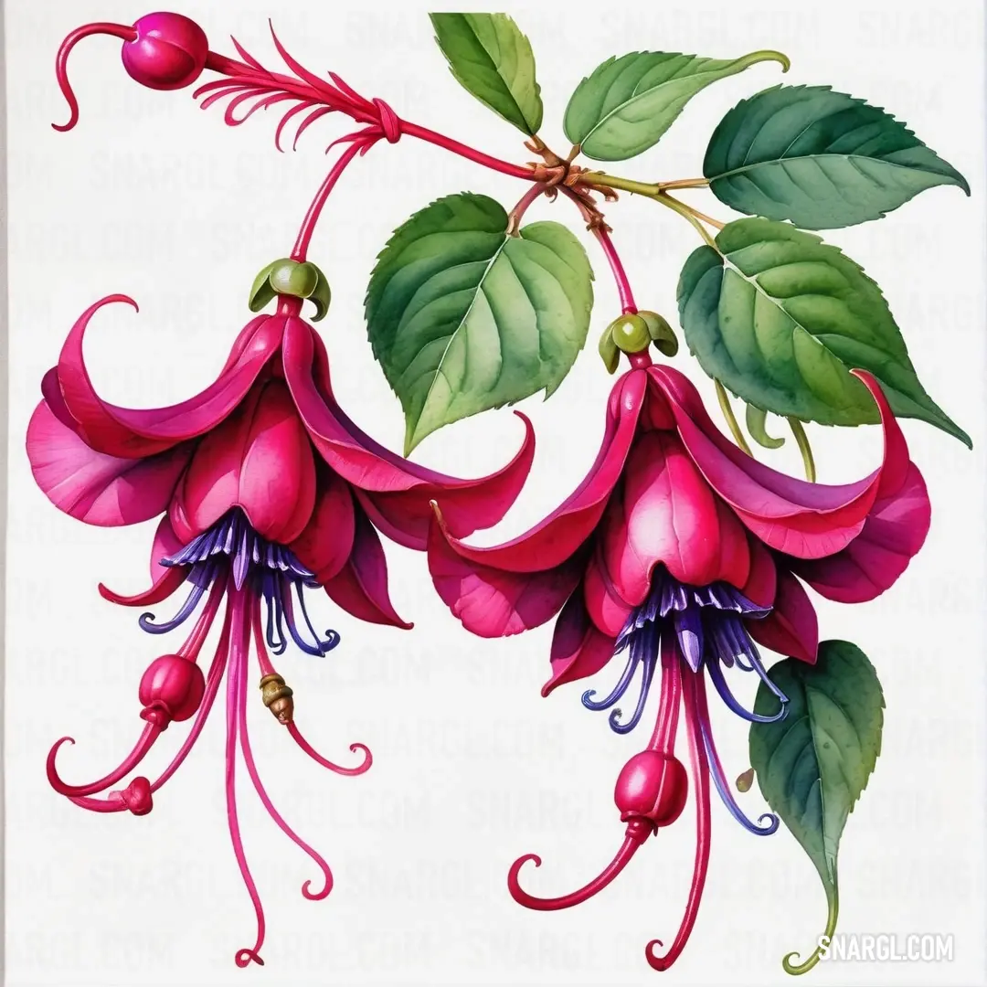PANTONE 7638 color. Painting of fuchsia flowers with green leaves on a white background