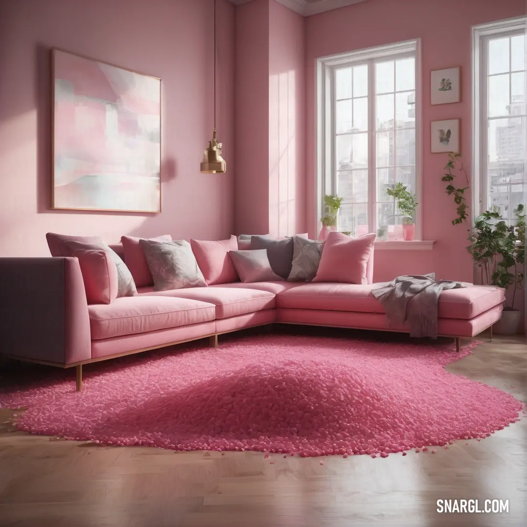 PANTONE 7638 color. Pink living room with a pink rug and a pink couch and chair and a large window with a city view