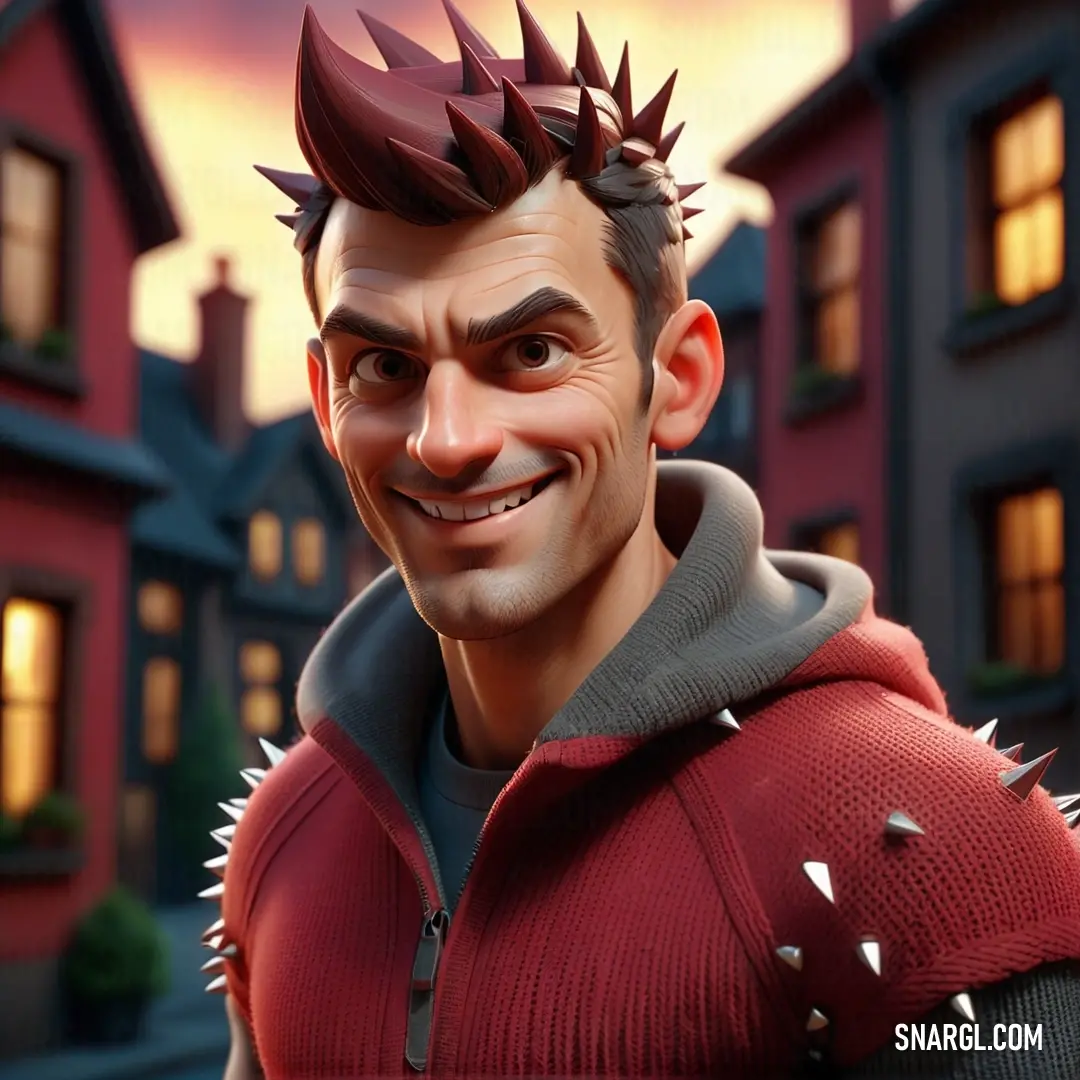 Cartoon character with spiked hair and a red sweater on a street at night with a house in the background. Example of #9C495D color.