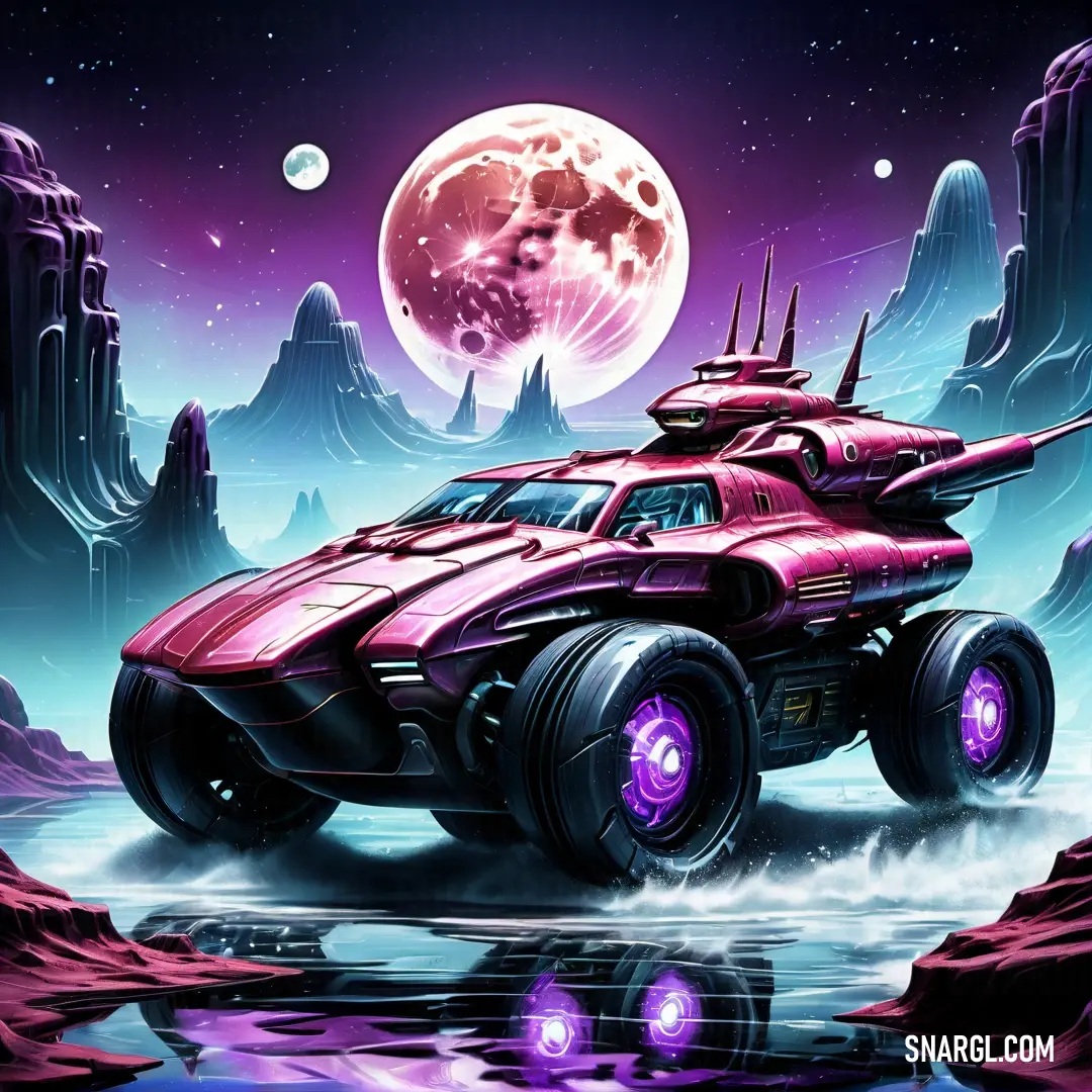 Pink car with purple wheels driving through a river under a full moon sky with mountains and rocks in the background