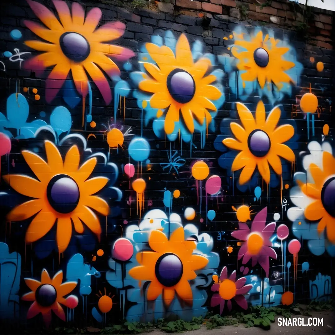 Wall with a bunch of flowers painted on it and a brick wall behind it with graffiti on it. Color PANTONE 7642.