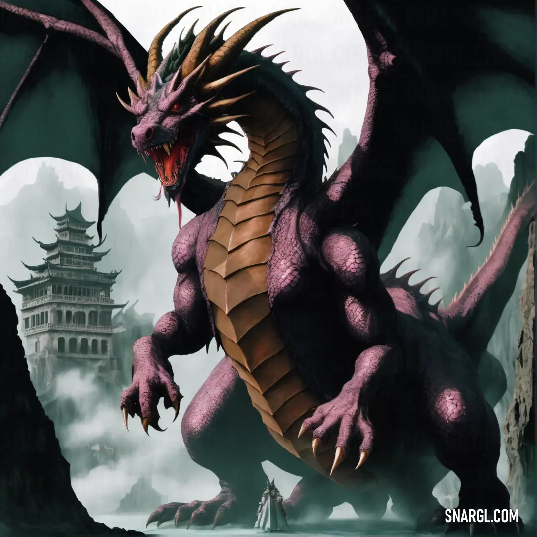 Dragon with a castle in the background. Example of PANTONE 7644 color.