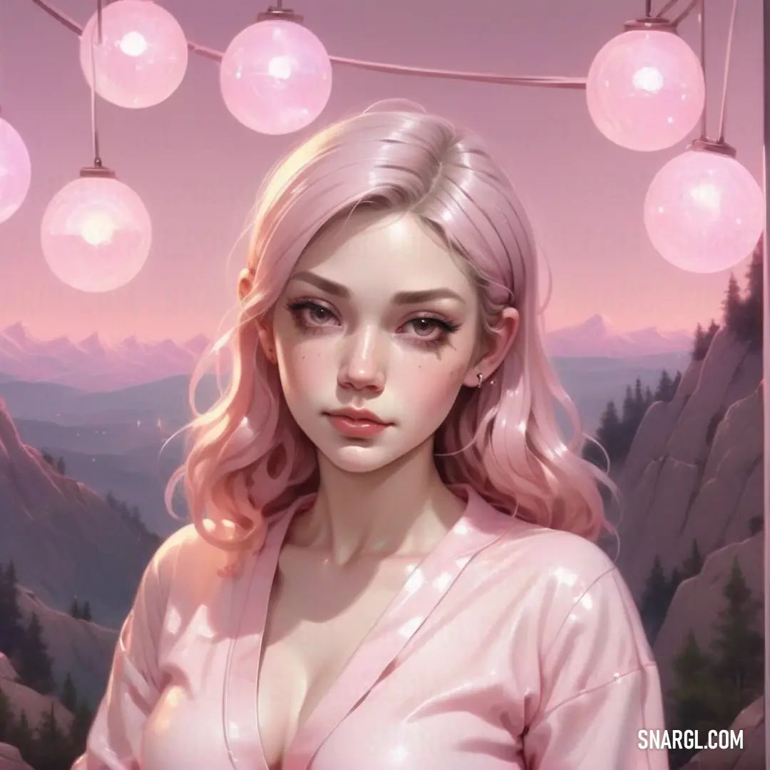 PANTONE 7646 color. Painting of a woman with pink hair and pink eyes and a pink dress with pink lights hanging from her head