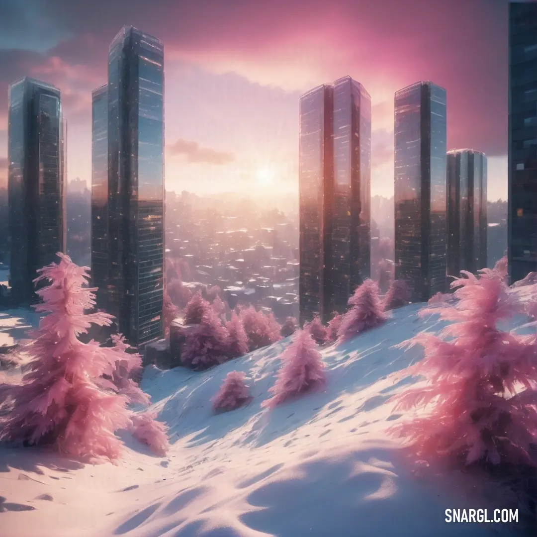 Snowy landscape with tall buildings and trees in the foreground. Color CMYK 33,61,26,0.