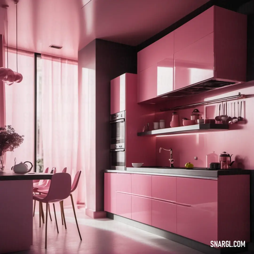 Kitchen with pink cabinets and a table and chairs in it and a window with curtains behind it and a table with chairs