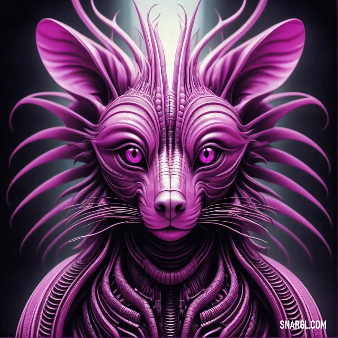 Purple cat with a strange look on its face and eyes, with a purple background. Color CMYK 31,88,18,0.
