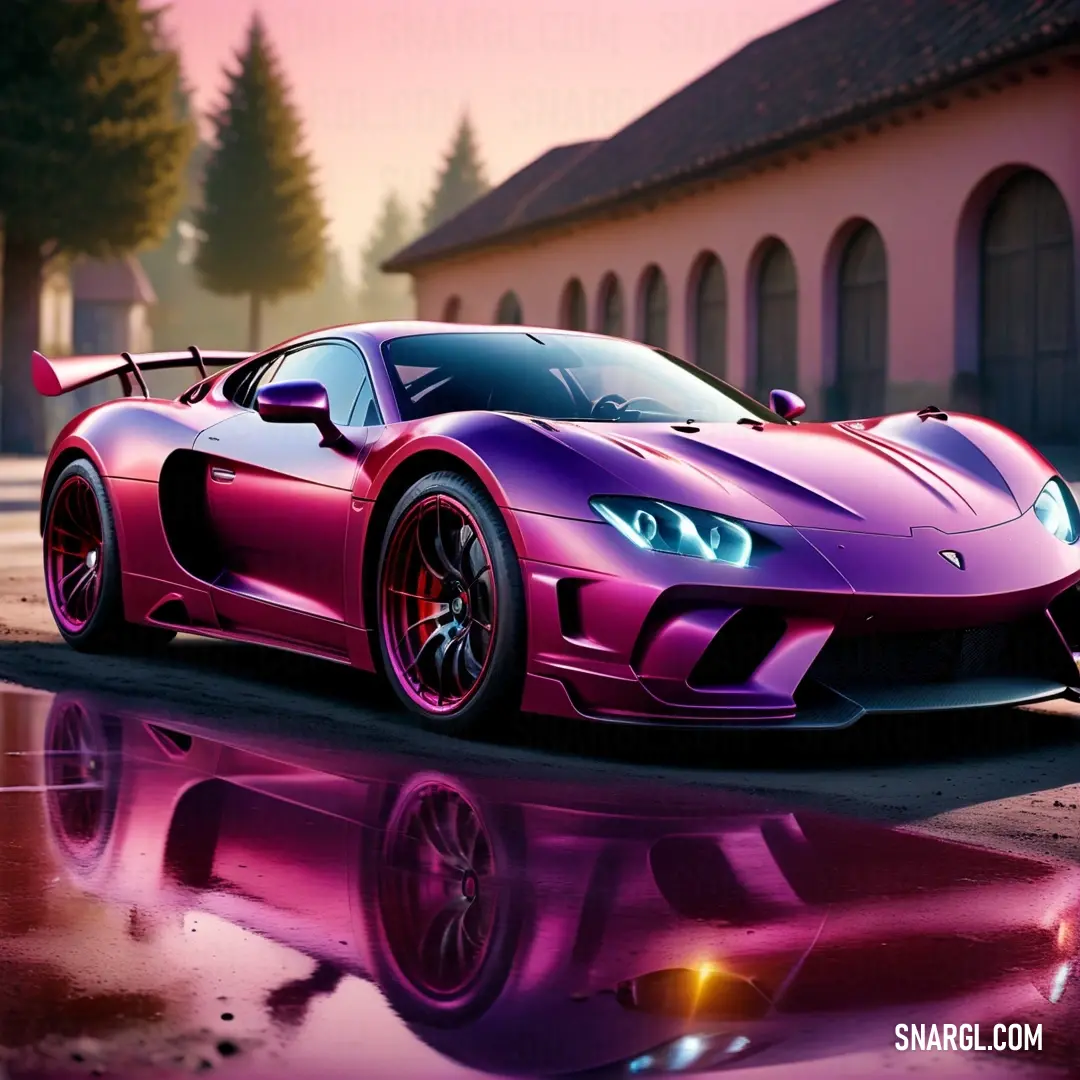 PANTONE 7647 color. Purple sports car parked in front of a building with a pink sky in the background
