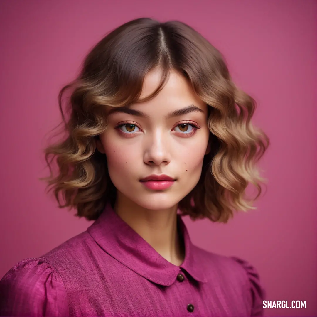 Woman with a wavy bobble haircut and a pink shirt on a pink background. Color RGB 172,70,121.