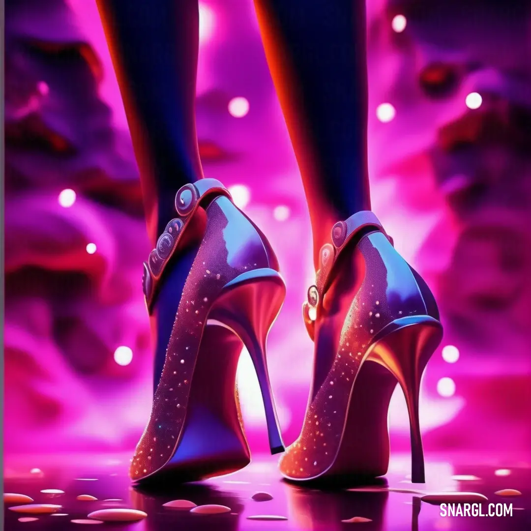 Pair of high heeled shoes with a purple background. Color RGB 159,26,110.
