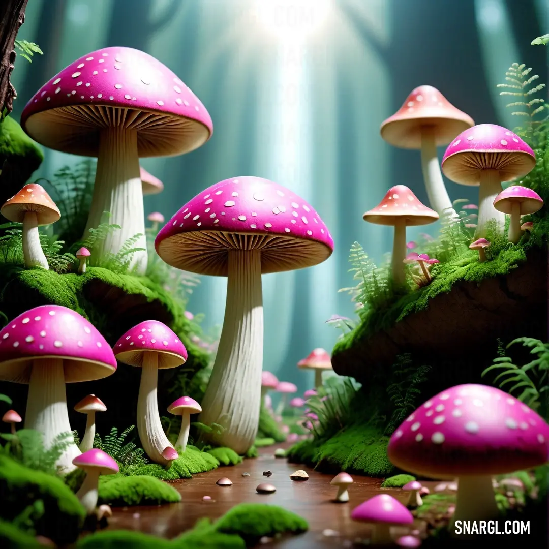 Group of mushrooms in a forest with green moss and trees in the background. Example of PANTONE 7648 color.