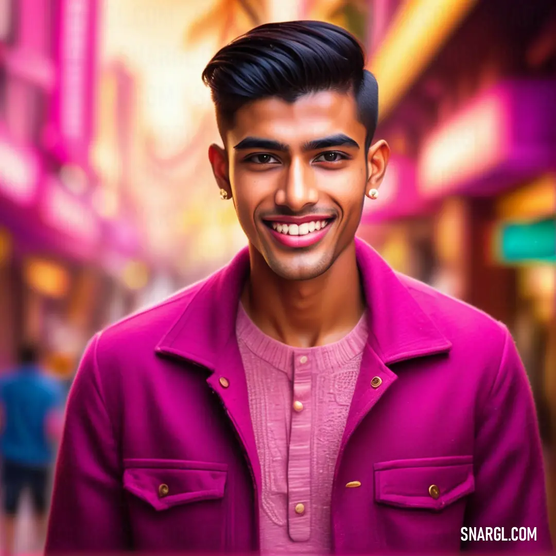 PANTONE 7648 color. Man with a pink shirt and a pink jacket on a city street with neon lights in the background