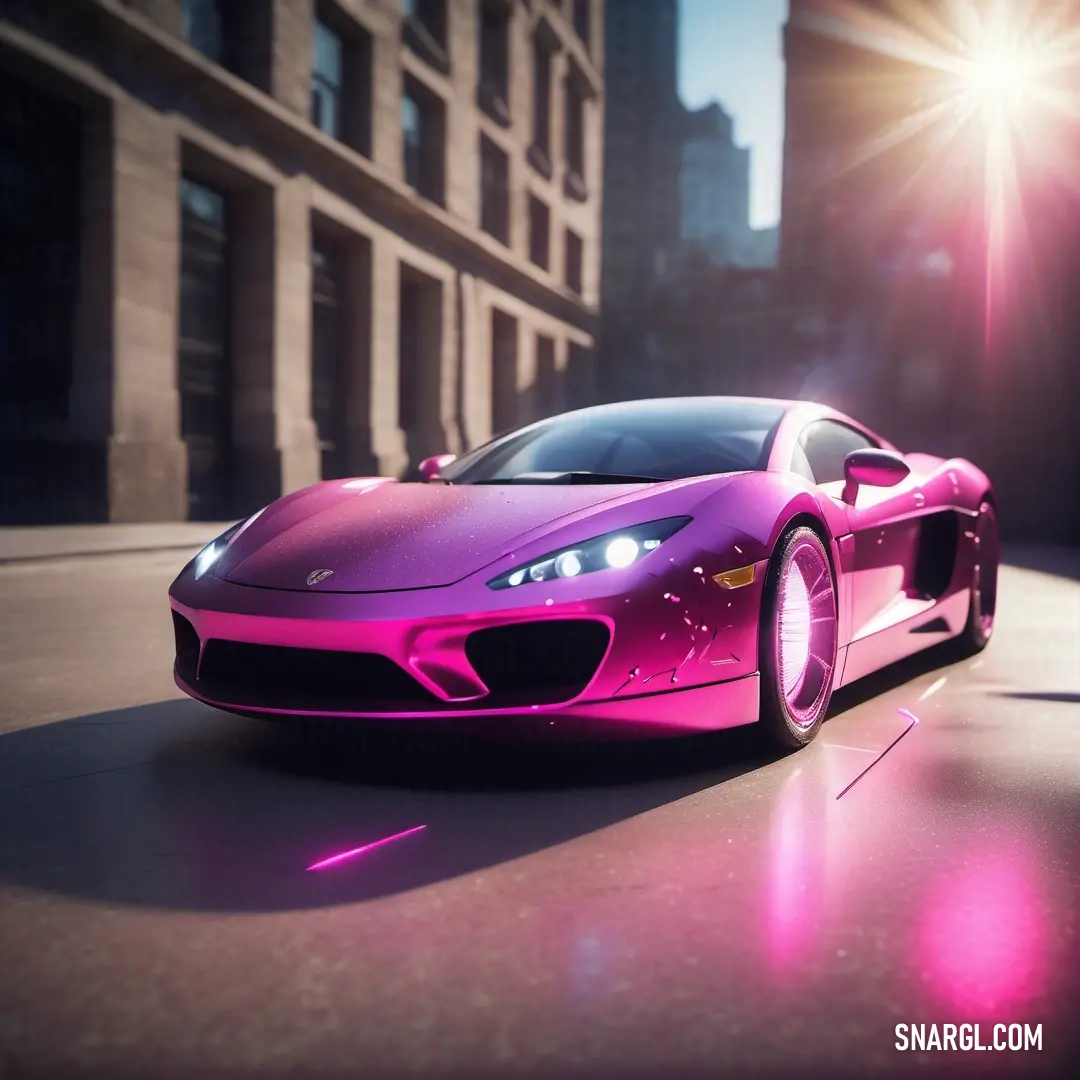 Pink sports car parked on a city street at night time with the sun shining on the building behind it. Color PANTONE 7648.