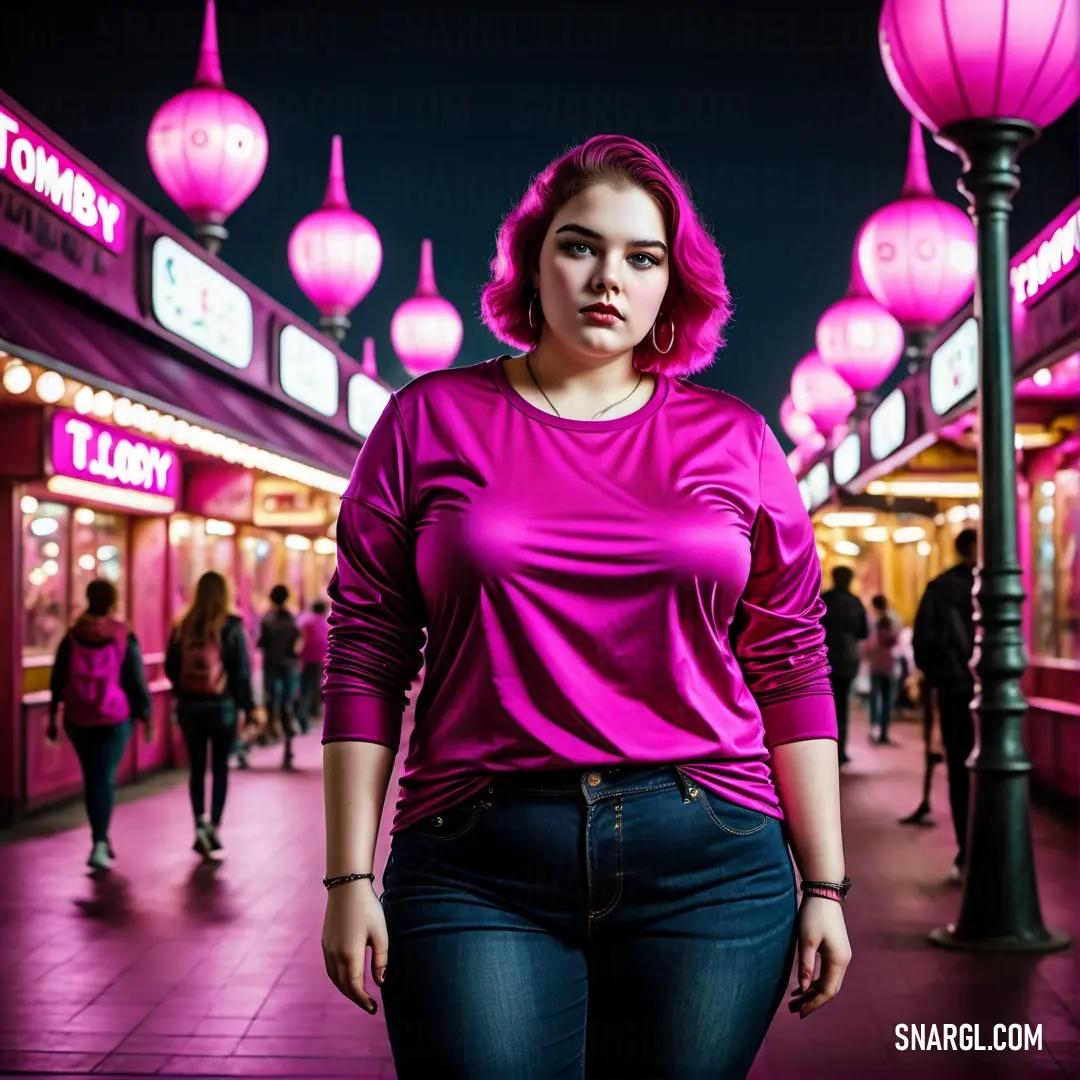 Woman with pink hair standing in a mall with pink lanterns hanging above her head. Color CMYK 22,100,0,16.
