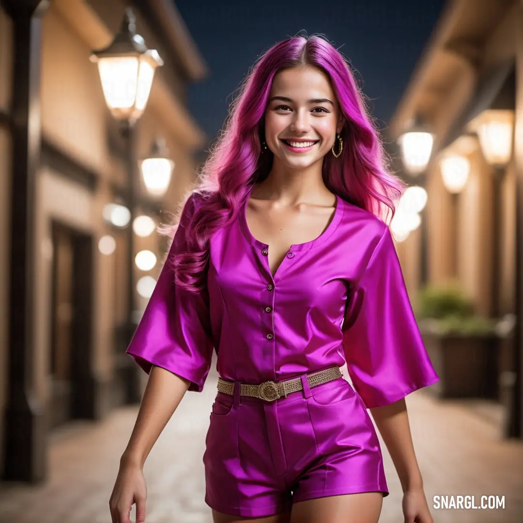 Woman with pink hair is walking down a street at night with a smile on her face and a purple outfit. Color RGB 159,26,110.