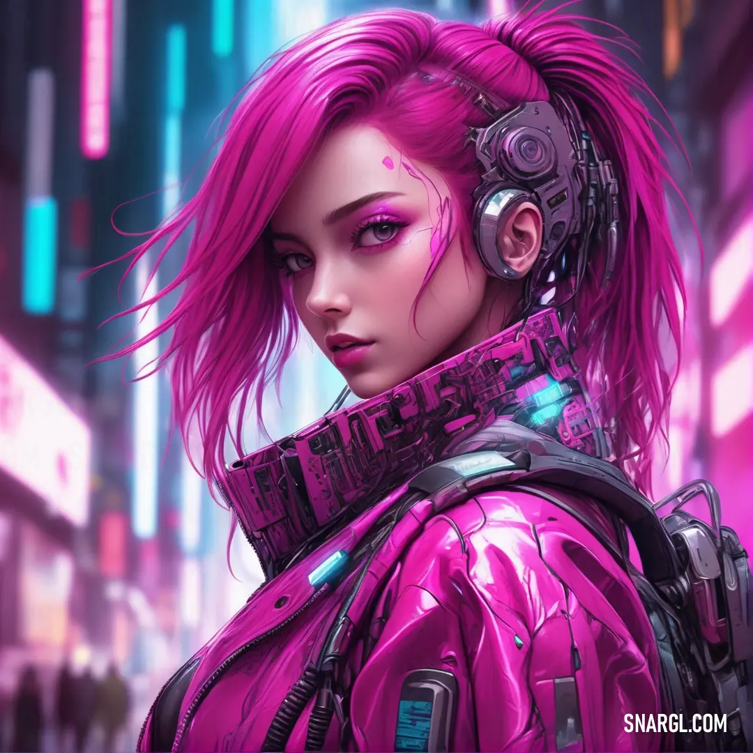 Woman with pink hair and a futuristic suit on in a city street with neon lights. Color PANTONE 7648.