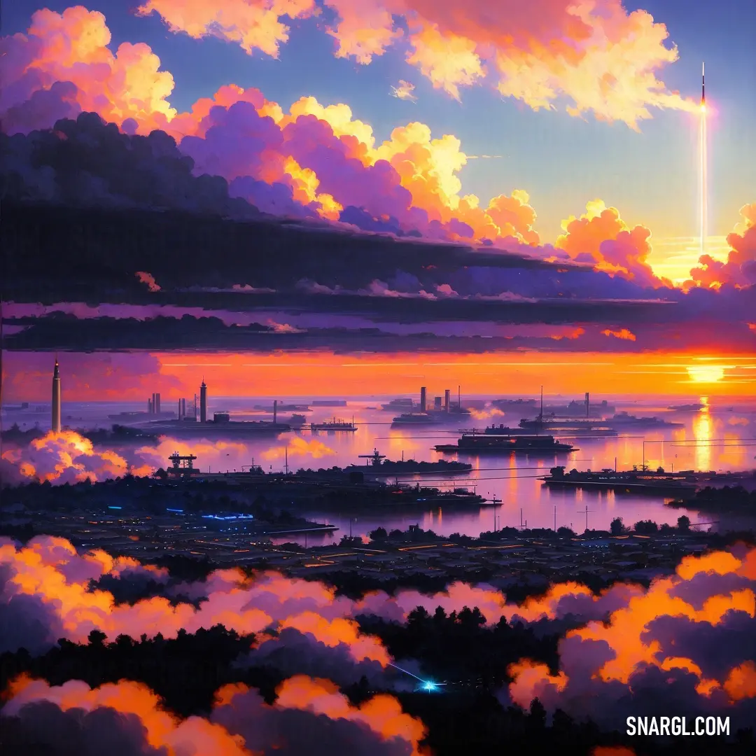 Painting of a sunset over a city with ships in the water and clouds in the sky above it. Example of PANTONE 7651 color.