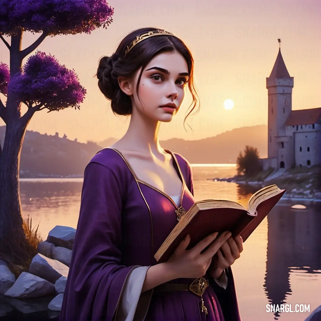 PANTONE 7651 color example: Woman in a purple dress holding a book near a lake and a castle in the background